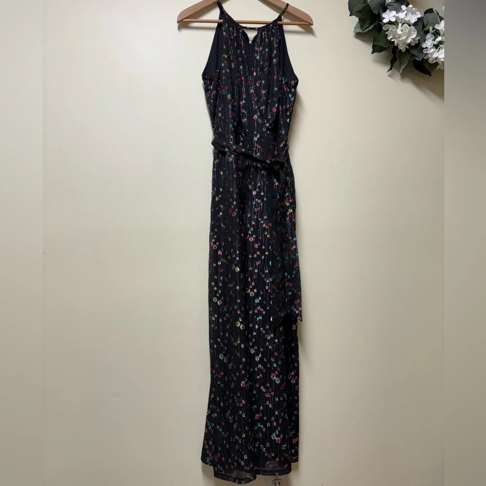 Eva Franco Anthropologie Edita halter black jumpsuit multi-color metallic dot- 2